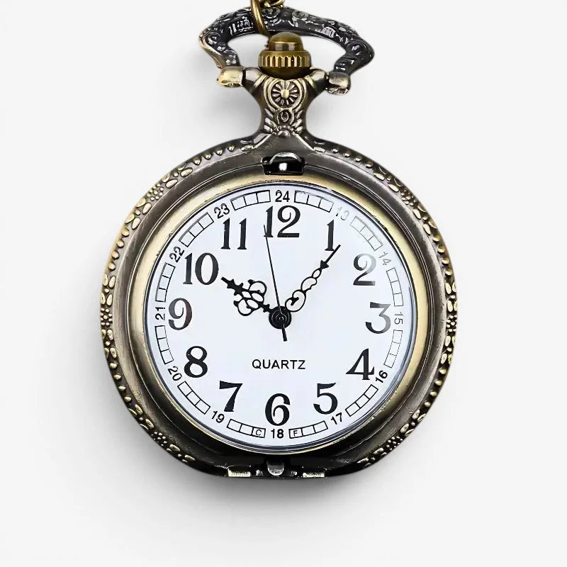 Antique-style motorcycle engraved brass pocket watch with white face and black numerals and hands