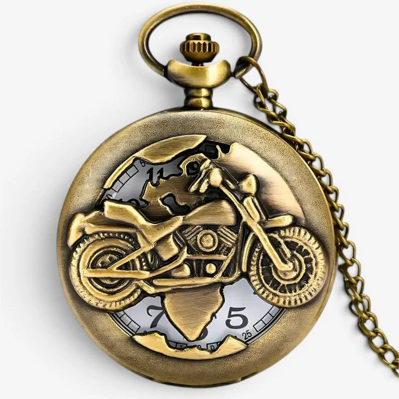 Antique brass motorcycle pocket watch with detailed embossed design featuring visible gears and numbers on the face