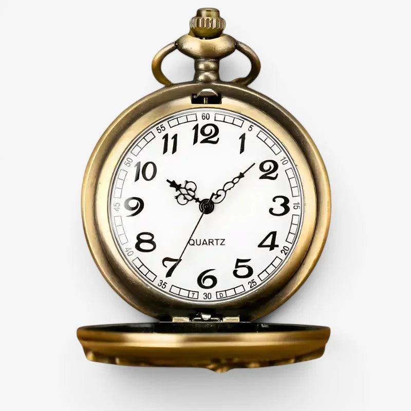 Antique brass-finished motorcycle pocket watch with white face and black arabic numerals and hands