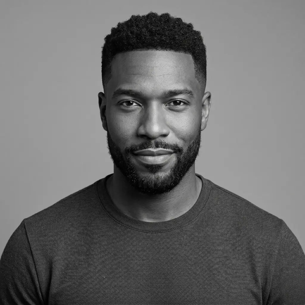 Black and white studio headshot of a smiling Black man with a short beard and faded haircut, wearing a crewneck t-shirt against a solid grey background.
