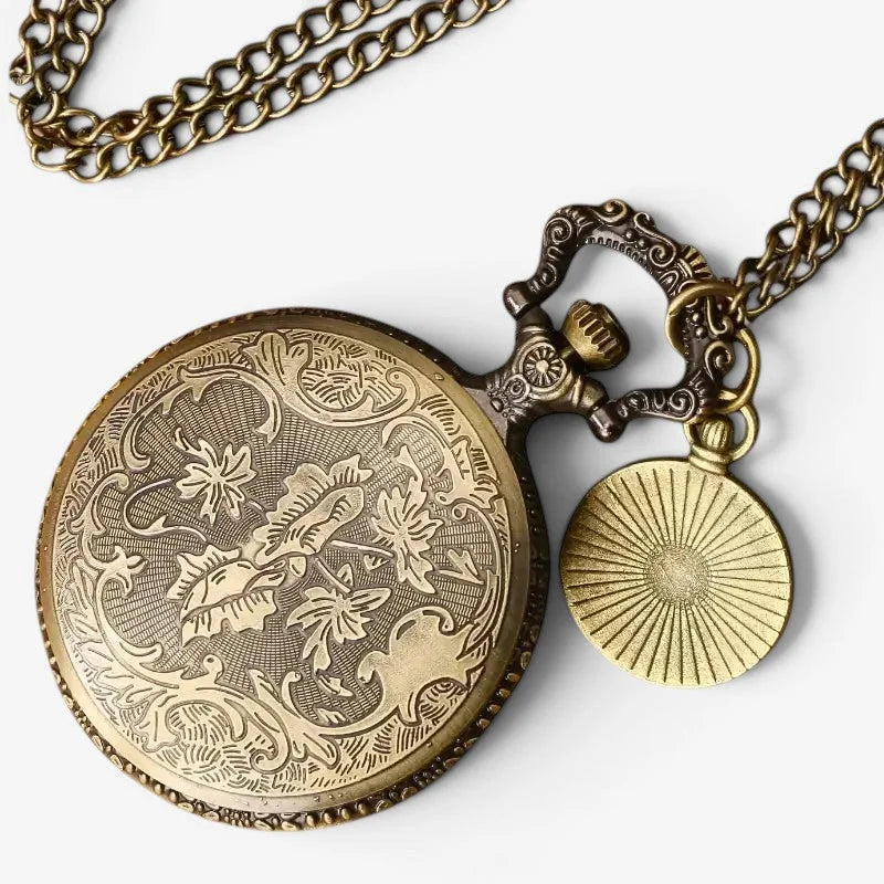 Antique brass multicolor quartz pocket watch with intricate floral engraving and matching sunburst pendant