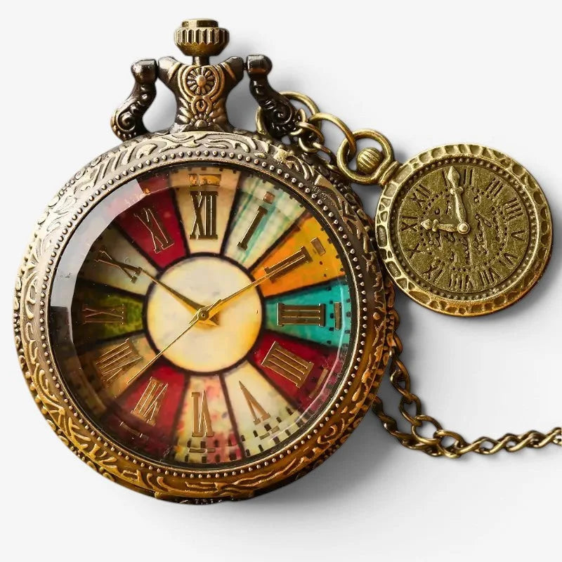 Antique-style brass multicolor quartz pocket watch with colorful segmented dial roman numerals and ornate engraved case