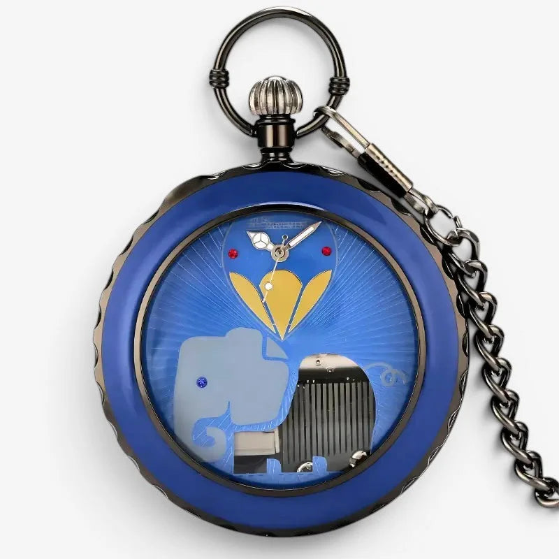 Musical pocket watch with blue enamel face black metal case and light blue elephant yellow balloon design