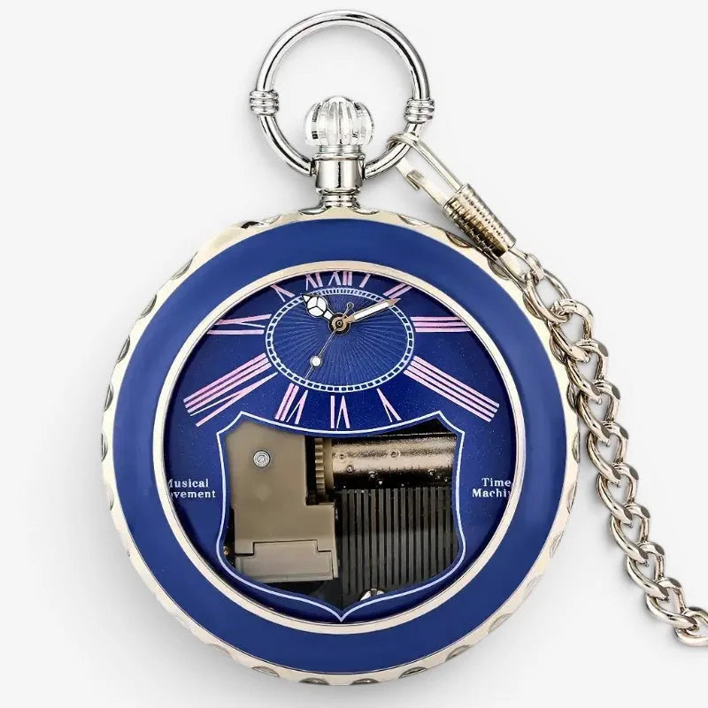 A blue enamel musical pocket watch with silver metal casing roman numerals and pink hour markers on the face