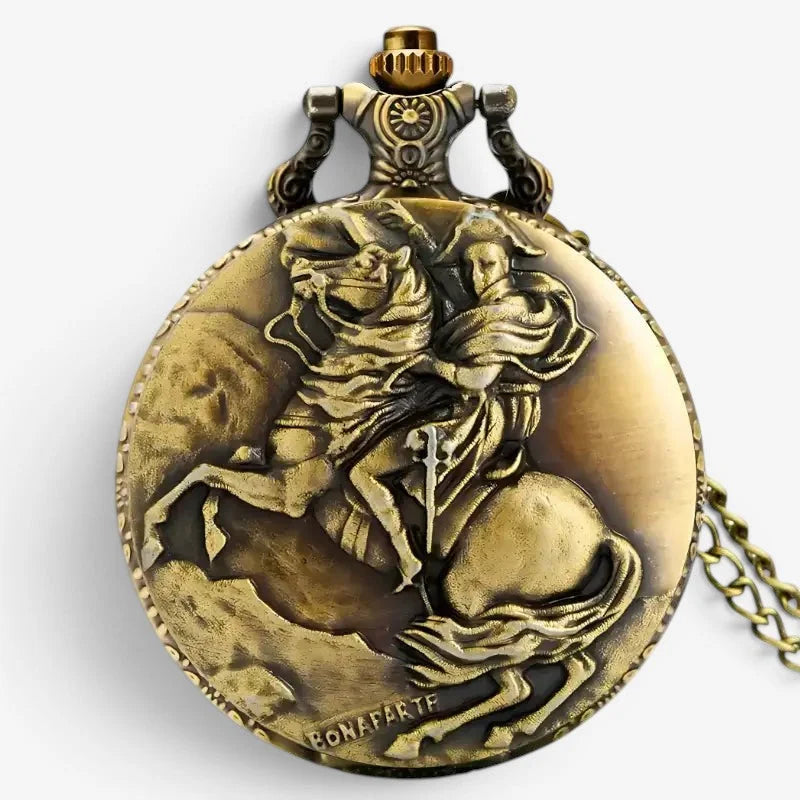 Antique brass napoleon pocket watch with detailed saint george slaying the dragon relief and gold-toned chain