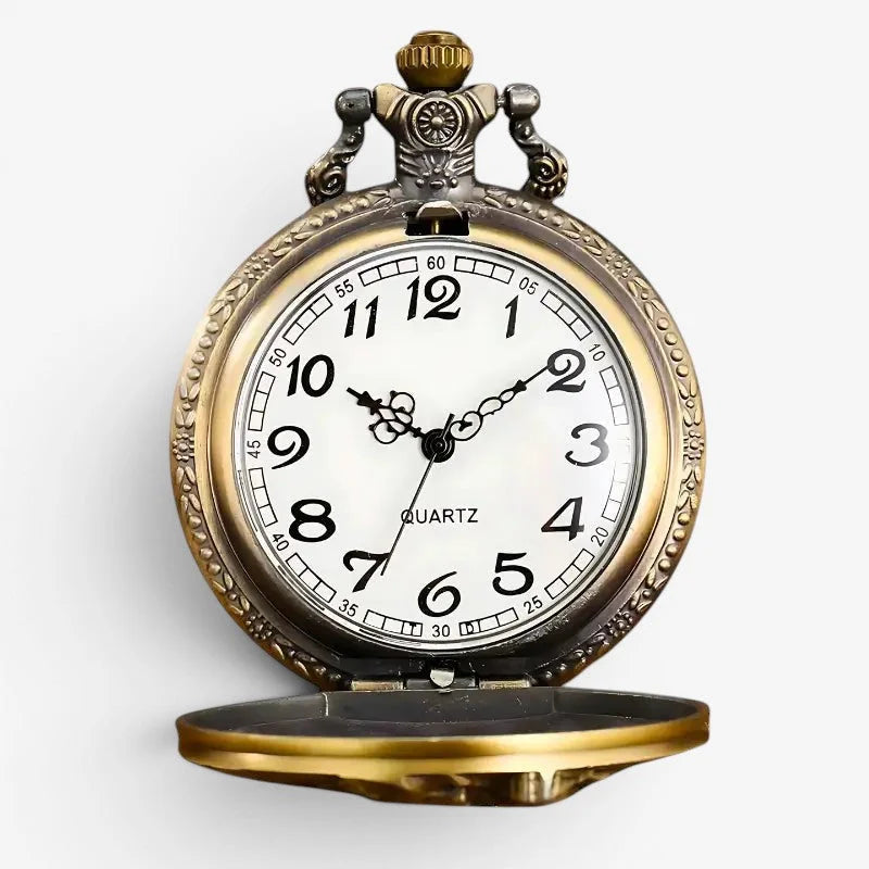 Antique-style napoleon brass pocket watch with ornate detailing and white quartz face for stylish timekeeping