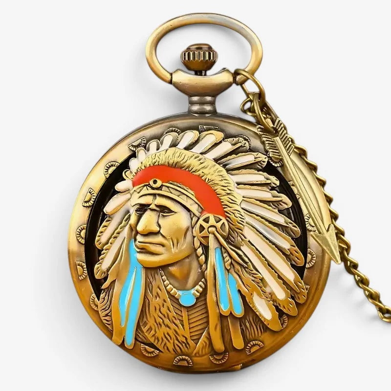 Antique brass native indian pocket watch with detailed chief and red turquoise headdress accents on the front