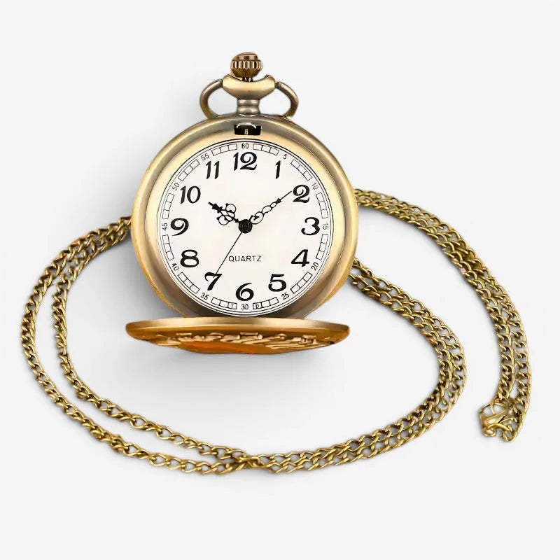 Antique gold-toned native indian pocket watch with white face black arabic numerals and matching chain