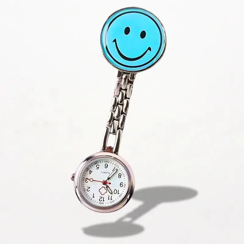 Blue nurse clip watch with a smiley face pin, silver chain, and round watch face for healthcare professionals