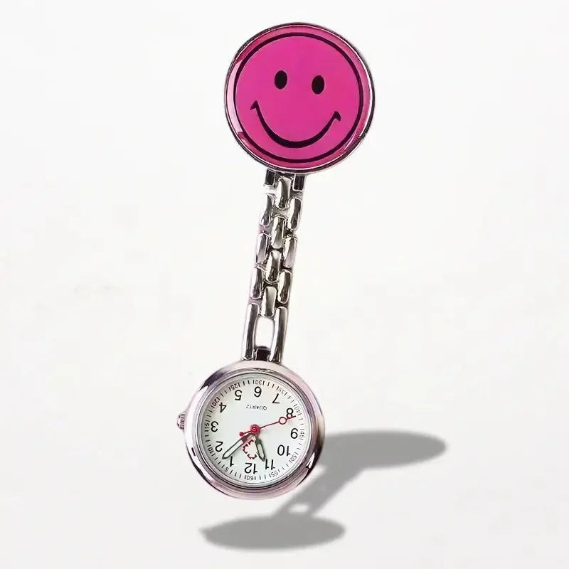 Pink smiley face nurse clip watch with silver chain and white dial for medical professionals