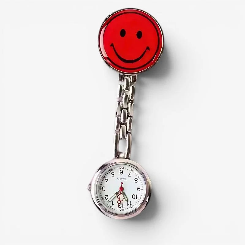 Nurse clip watch with red smiley face pocket watch white dial and silver chain for medical professionals