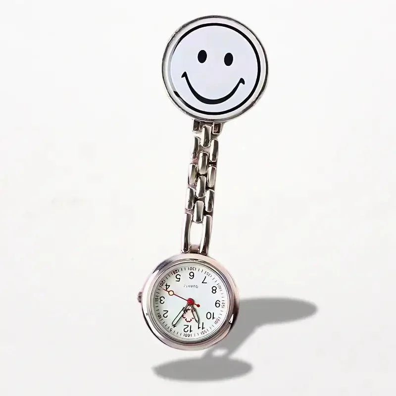 Silver nurse clip watch with round white dial and red hands designed for easy medical use and quick time reading