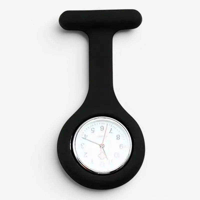 Black silicone nurse fob watch with a round white face and silver-toned hands for healthcare professionals
