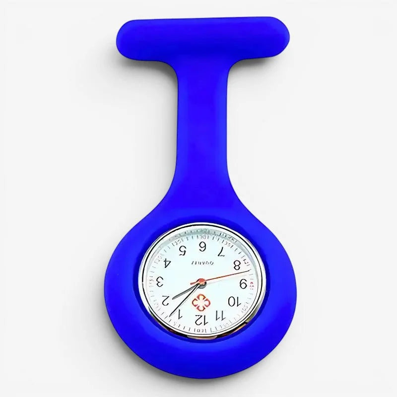 Bright blue silicone nurse fob watch pin with white face and red cross emblem for healthcare professionals