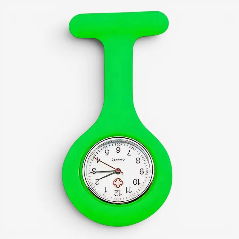 Bright green silicone nurse fob watch with silver analog clock face black numerals and red hands for medical use