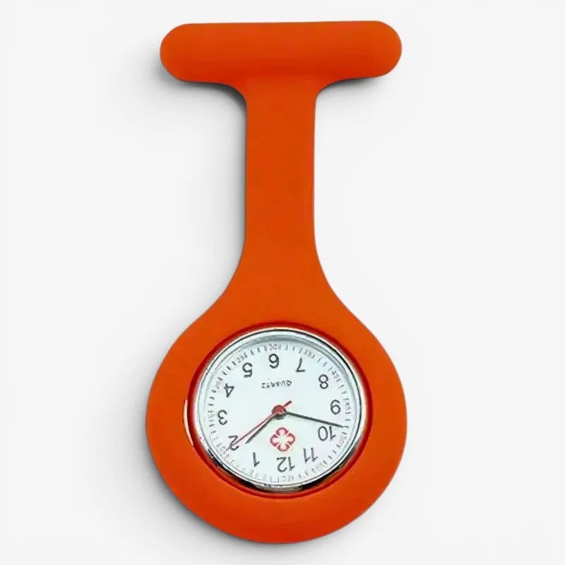 Bright orange silicone nurse fob watch with round analog clock face featuring black numerals and hands