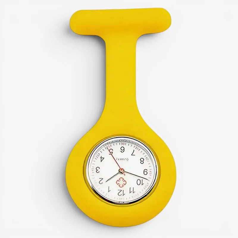 Bright yellow silicone nurse fob watch pin with white face and black numerals for medical professionals