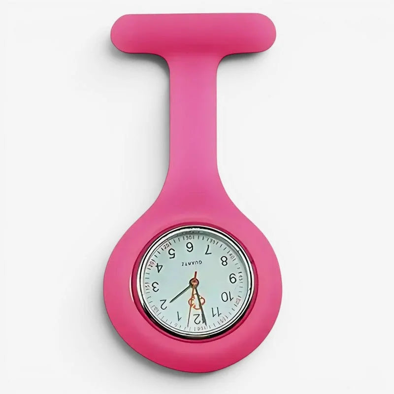 Pink silicone nurse fob watch featuring a round analog clock face for easy timekeeping in medical settings
