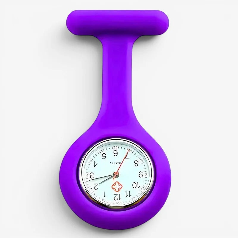 Purple silicone nurse fob watch with round white face black numerals and hands and red second hand