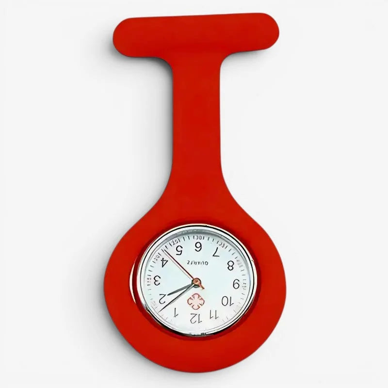 Red silicone nurse fob watch with white face silver rim and black numerals for medical professionals