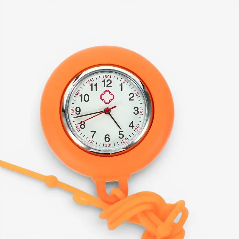 Nurse pendant watch with bright orange medical-style pocket watch, white face, red hands, and chrome bezel
