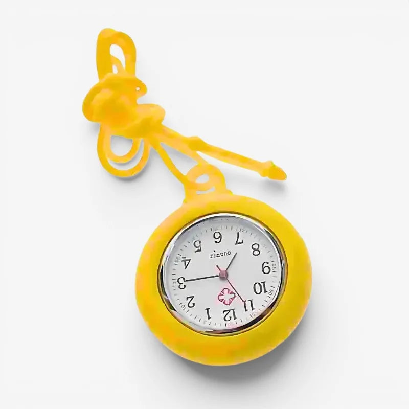 Bright yellow silicone nurse pendant watch with white face, black numerals, and pink hands for medical use
