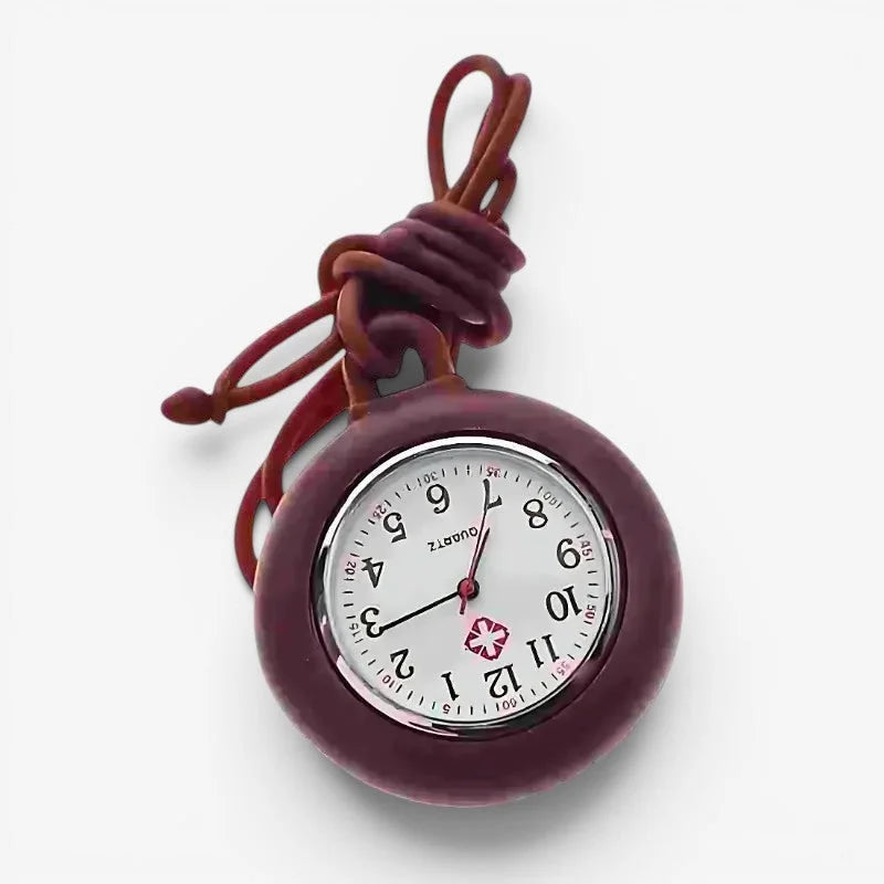 Nurse pendant watch maroon round pocket watch with white face black numerals and matching braided cord