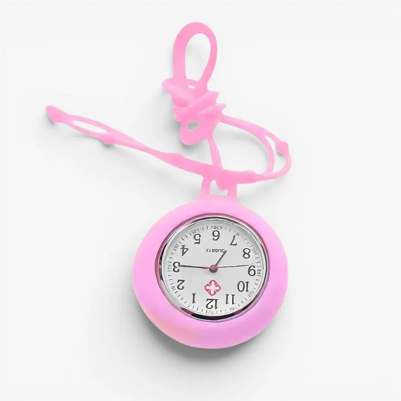 Pink silicone nurse pendant watch with white face black numerals red cross and matching pink lanyard