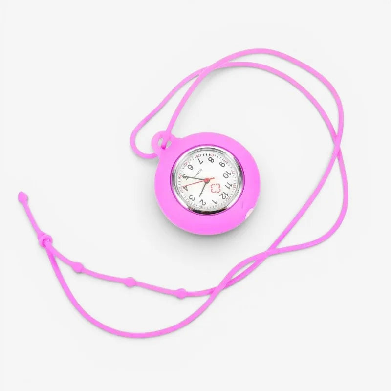 Pink silicone nurse pendant watch with white face black numerals and matching pink cord for easy wearing
