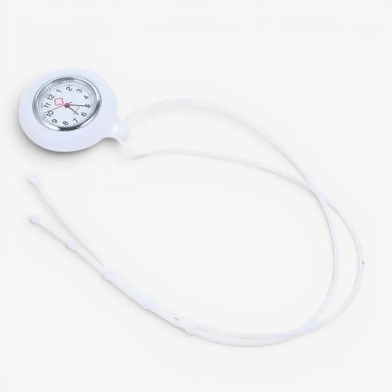 Nurse pendant watch with white circular face silver bezel red hands and white elastic strap for easy wear
