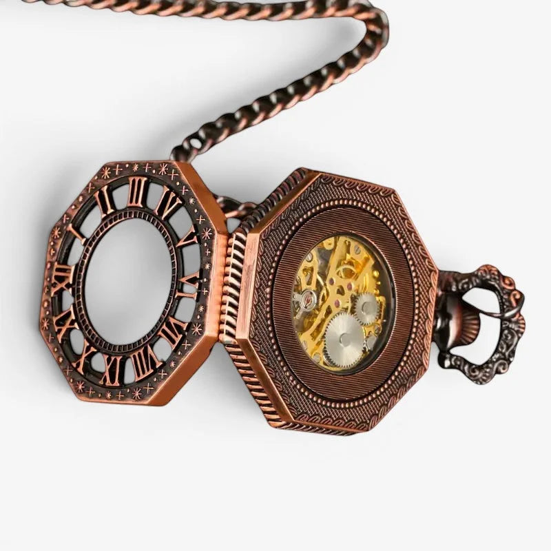 Octagon pocket watch antique-style copper with roman numerals exposed golden gears ornate octagonal case and braided chain