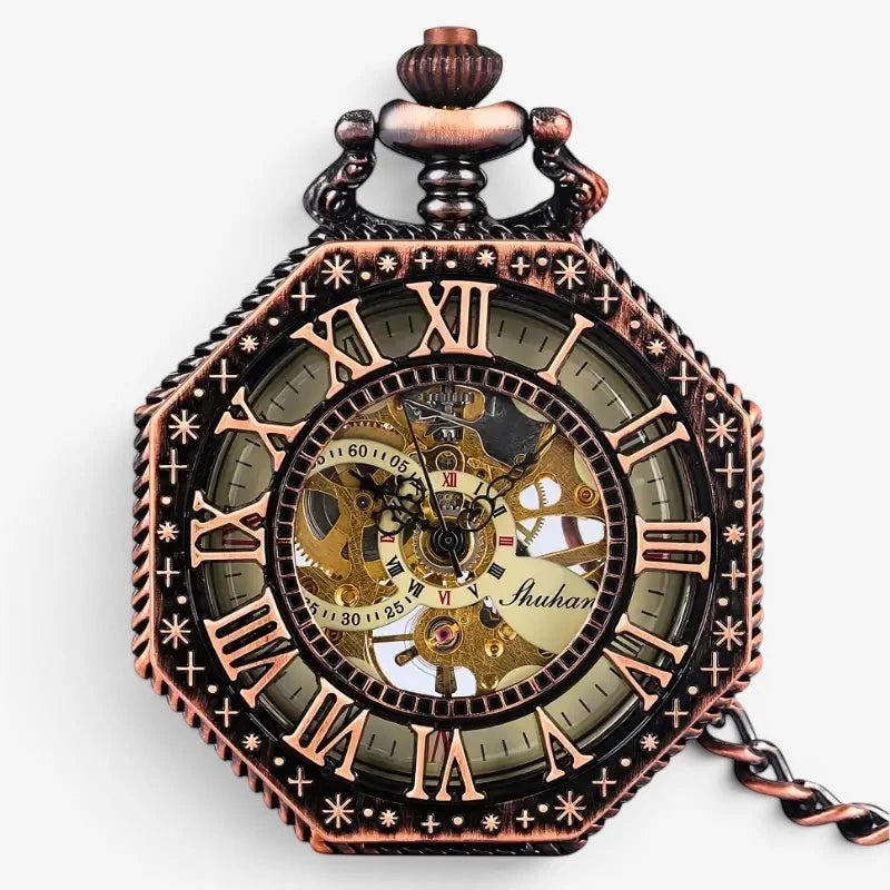 Antique-style octagon pocket watch with copper-toned case, visible gears, roman numerals, and decorative chain