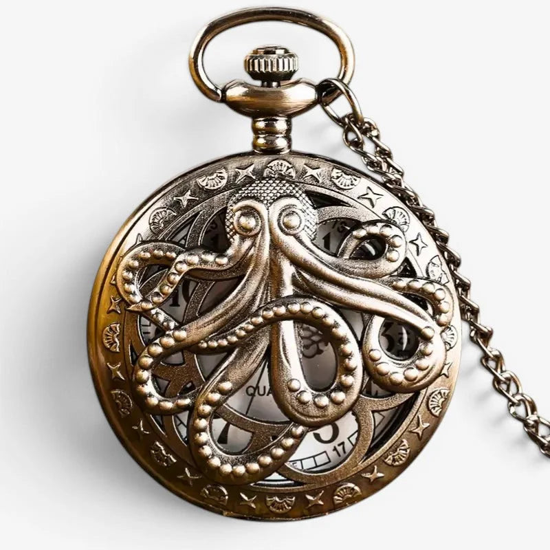 Antique brass octopus pocket watch with detailed etched face, chain, and crown for opening