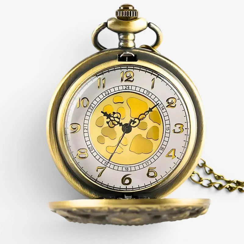 Antique brass octopus pocket watch with silver-toned face yellow paw print on movement and black hands