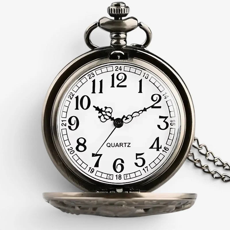 Antique-style silver octopus pocket watch with white face black numerals and heart-shaped chain