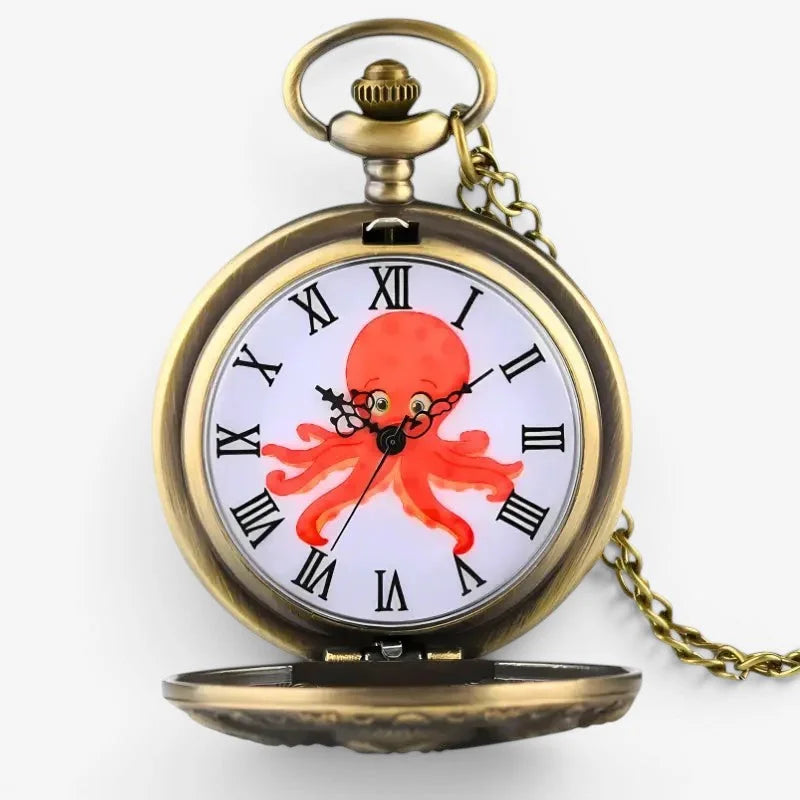 Vintage brass octopus pocket watch with white face featuring a red cartoon octopus and black roman numerals