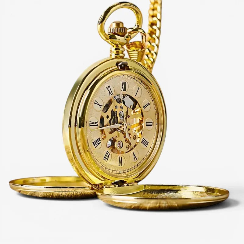 Old gold pocket watch with roman numerals exposed mechanical gears polished brass finish and matching gold chain