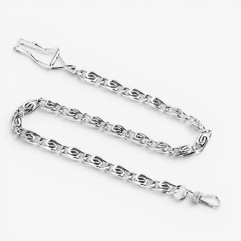 Silver-toned old pocket watch chain with interlocking links and polished reflective finish in classic design