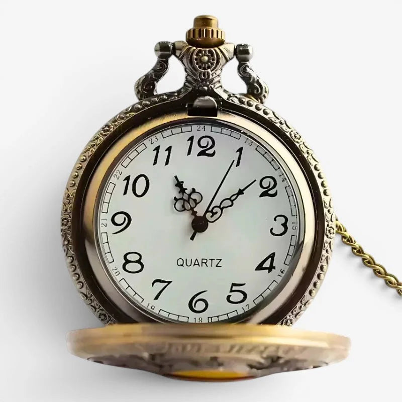 Antique-style brass one piece pocket watch with ornate detailing and white face featuring black numerals