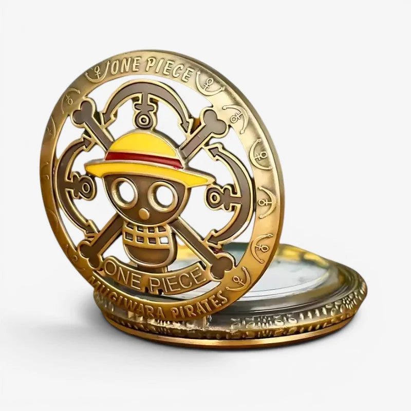 Golden one piece pocket watch featuring a one piece jolly roger coin with a skull yellow hat and crossed anchors engraving