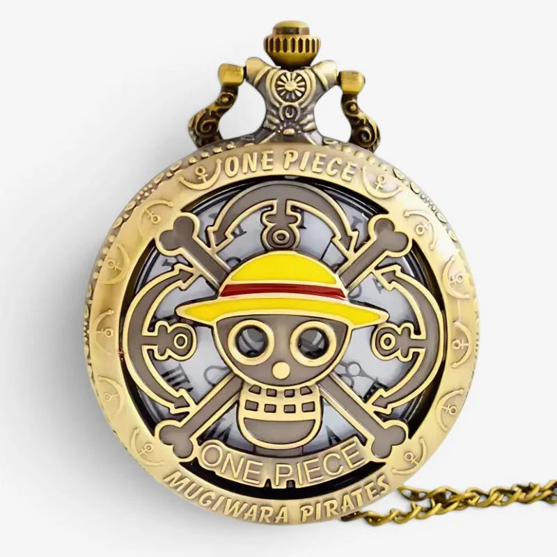 Golden one piece pocket watch engraved with straw hat pirates logo yellow hat and crossed anchors mugiwara pirates