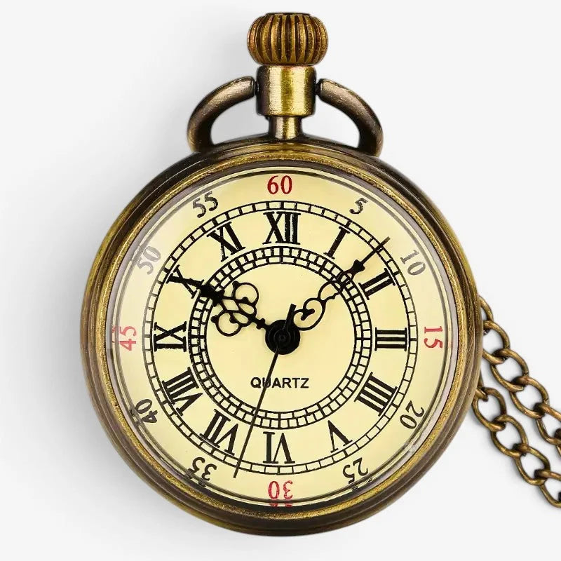 Antique brass-finished open face pocket watch quartz with cream face black roman numerals and red minute markers