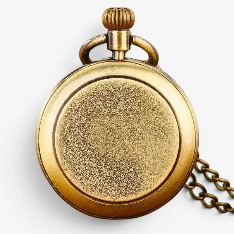 Antique-style gold-toned open face pocket watch quartz showing textured back with attached chain