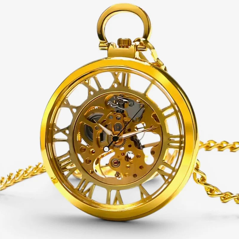 Golden open face skeleton pocket watch with roman numerals and exposed gears attached to a matching gold chain