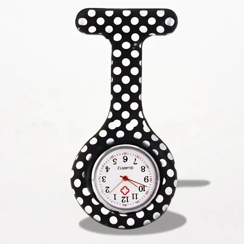 Original nurse watch with black and white polka-dotted pin style and silver toned face for medical use