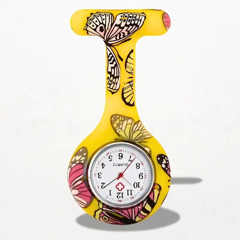 Original nurse watch with bright yellow butterfly design silicone body and colorful wing patterns for healthcare use