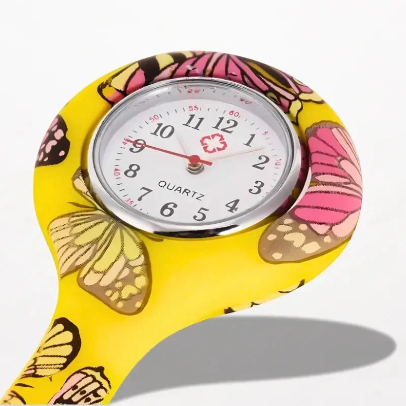 Original nurse watch featuring a bright yellow butterfly-themed wristwatch with a silver-toned face and colorful wing patterns