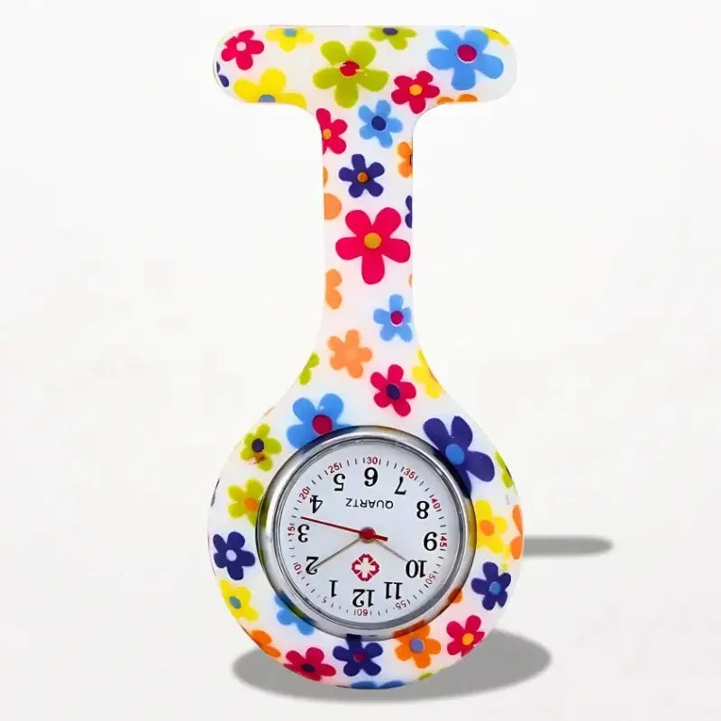 Original nurse watch with colorful floral pattern white silicone body and silver-rimmed face with red hands