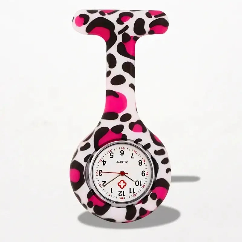 Original nurse watch pink and black leopard print silicone with white face red hands and medical cross emblem
