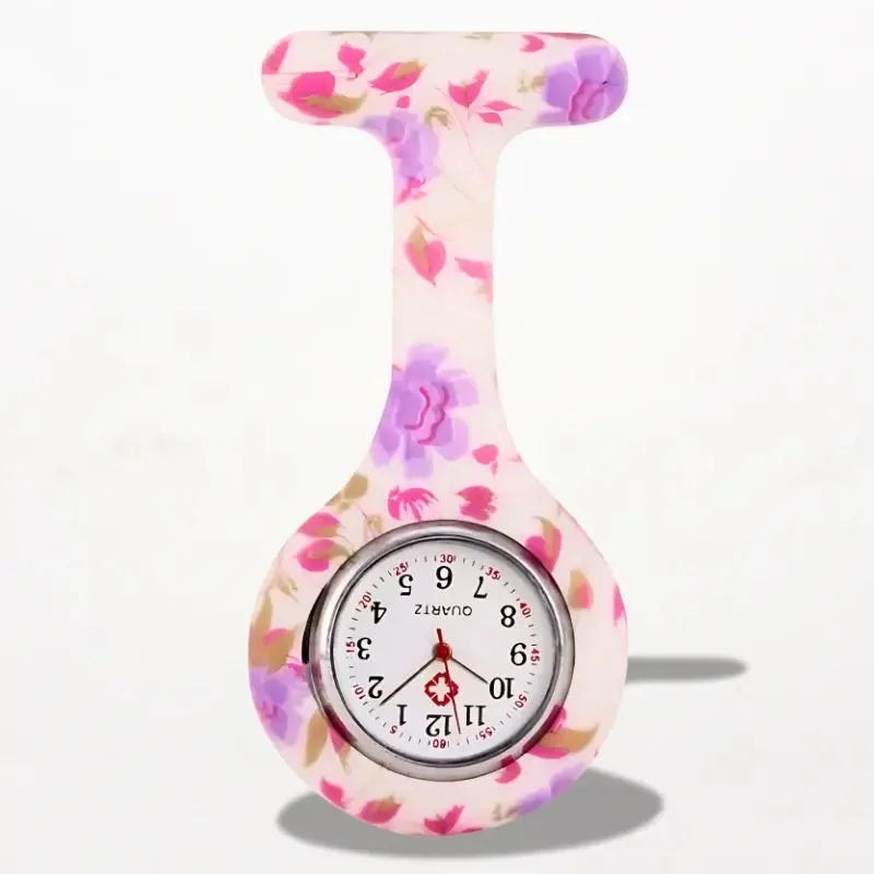 Original nurse watch pink floral-patterned silicone pin watch with silver bezel and white face for healthcare use
